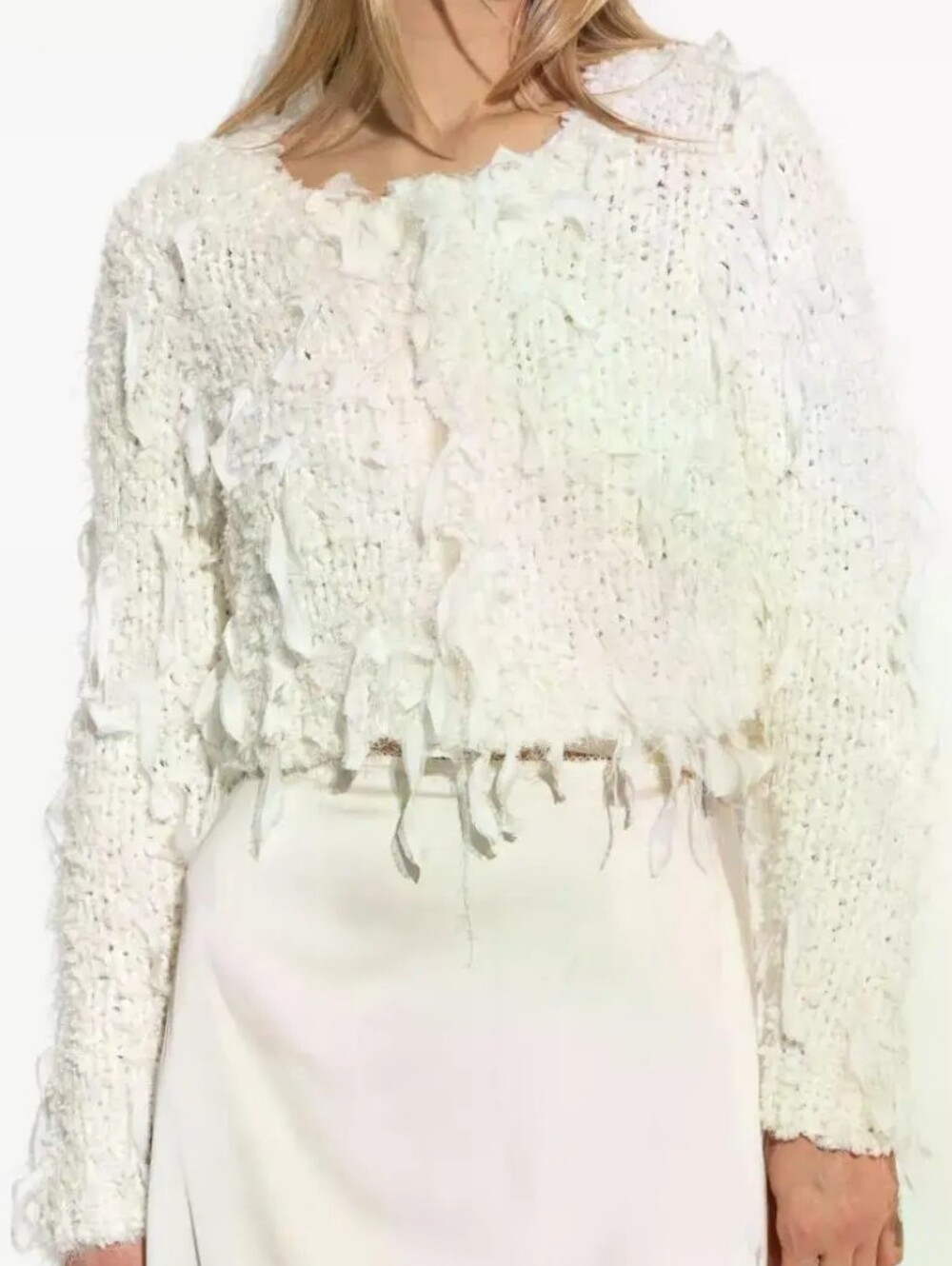 ✨ LoveShackFancy Off-White Frayed Shaggy Cropped Cardigan Sweater ✨